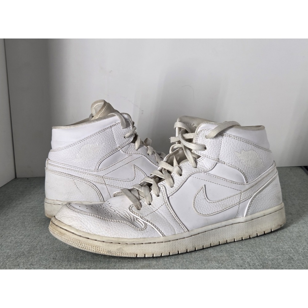 Nike Air Jordan 1 Mid Triple White Mens Sz 13 Leather Basketball Shoes Sneakers